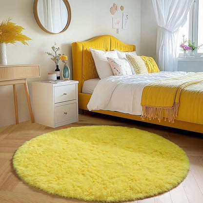 Amdrebio Yellow Round Circle Area Rug 5Ft for Bedroom Living Room, Fluffy Fuzzy Plush Rugs for Kids Room Decor Aesthetic, Cute Furry Shag Kawaii Circular Carpet for Classroom Nursery Teen Girls Boys