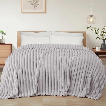 Exclusivo Mezcla Twin Size Flannel Fleece Blanket, Super Soft Striped Jacquard Bed Blanket, Lightweight Fuzzy Cozy for All Seasons, 60x80 Inches, Light Grey