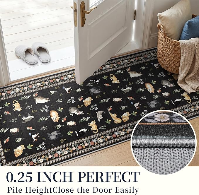 2'6"x8' Washable Kitchen Runner Rug - Soft Low Pile Floral Animal Cat Print Rugs with Non-Slip Backing Waterproof Stain-Resistant Indoor Carpet for Hallway Entryway Bathroom Bedroom (Black)