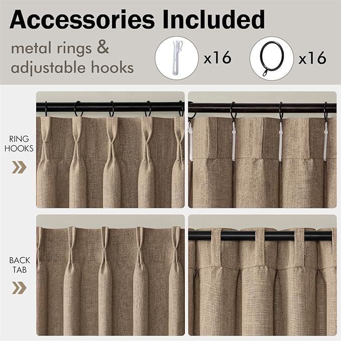 MIULEE Pinch Pleated Thick Linen Curtains 84 Inches Long 2 Panels for Living Room Bedroom, Memory Trained Pleat Drapes Back Tab Light Filtering Country Farmhouse Brown Burlap Curtains with Hooks&Rings