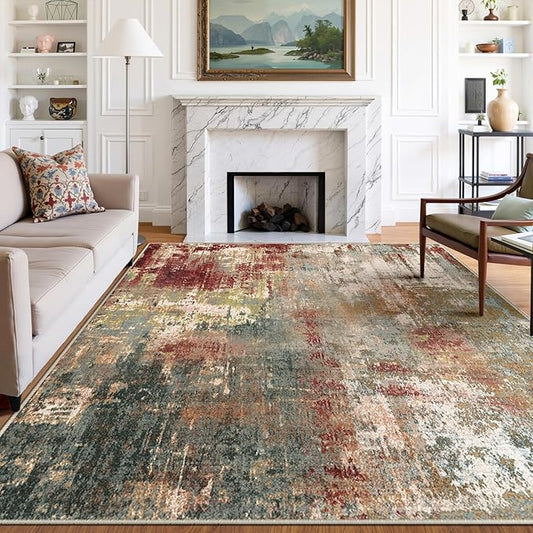 Washable Area Rugs 7x10 Non-Slip Modern Abstract Soft for Living Room Entryway Bedroom Nursery, Print Pattern, Brown Rust Red Green Blue Multi