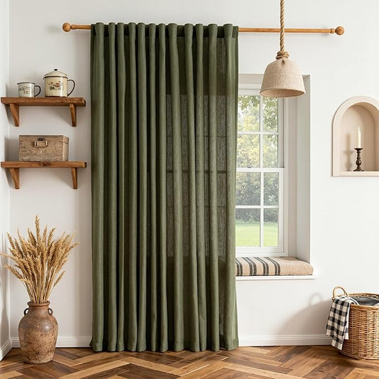 MYSKY HOME Living Room Curtains 90 Inches Long Farmhouse Light Filtering Privacy Curtain Drapes for Patio, Linen Look Texture Fabric Bohemian Draperies Soft Touch, 100" Wide, Olive Green, 1 Pieces