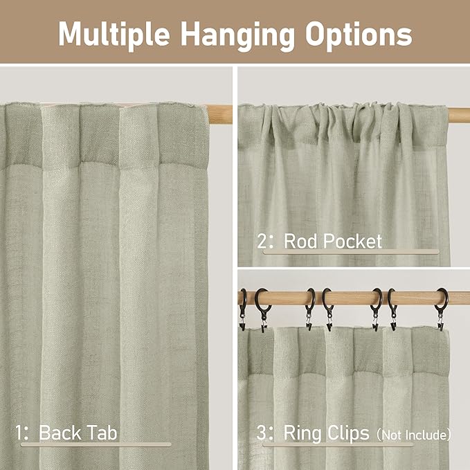 LAMIT Sage Grey Linen Boho Curtains 68 inch Length 2 Panels, Light Filtering Semi Sheer Panels Back Tab and Rod Pocket Neutral Drapes for Bedroom/Living Room, 52 x 68 Inch