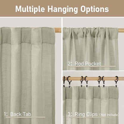 LAMIT Sage Grey Linen Boho Curtains 68 inch Length 2 Panels, Light Filtering Semi Sheer Panels Back Tab and Rod Pocket Neutral Drapes for Bedroom/Living Room, 52 x 68 Inch