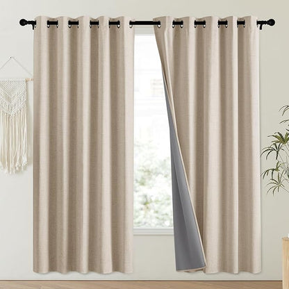 NICETOWN Cream 100% Blackout Linen Curtains 72 inch Long Burg for Playroom, 1 Pair, 62" Width Each Panel, Farmhouse Thick Completely Blackout Window Treatment Thermal Insulated Drapes