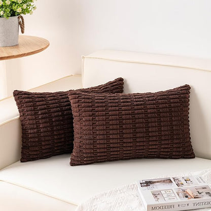 Pack of 2 Corduroy Decorative Throw Pillow Covers 12x20 InchSoft Boho Striped Pillow Covers Modern Farmhouse Home Decor for Sofa Living Room Couch Bed（Dark Brown）