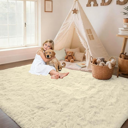 Circle Rug for Bedroom: 4FT Cream White Round Fluffy Shag Soft Washable Rugs Small Fuzzy Plush Indoor Carpet for Teen Kids Girls Boys Nursery Preppy Dorm Classroom (Cream White, 4'x6')