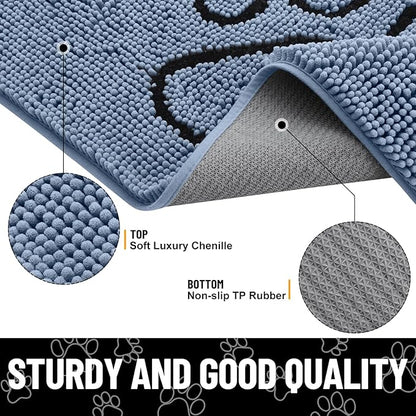 Smiry Dog Door Mat for Muddy Paws, Absorbent Dirt Trapper Non Slip Quick Dry Washable Chenille Mat for Mud Dogs, Entry Rug for Indoor and Outdoor (30x20 Inches, Airy Blue and Black)
