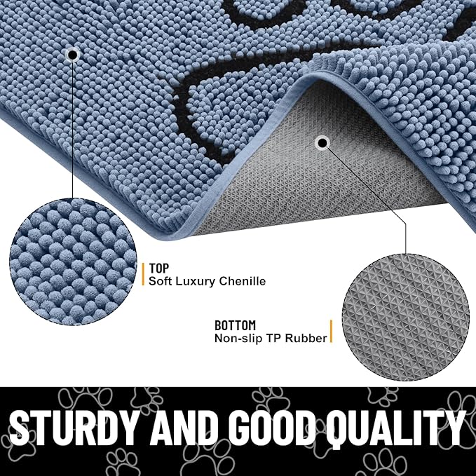 Smiry Dog Door Mat for Muddy Paws, Absorbent Dirt Trapper Non Slip Quick Dry Washable Chenille Mat for Mud Dogs, Entry Rug for Indoor and Outdoor (48x30 Inches, Airy Blue and Black)