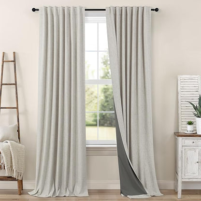 Linen Blackout Curtains 84 Inch Length 2 Panels Set for Living Room Bedroom Back Tab Thermal Insulated 100% Black Out Linen Drape Room Darkening Window Curtain 84 Inch Long Stone Taupe Birch Tan Beige