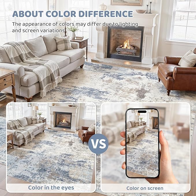 UERMEI 8x10 Area Rug Living Room Rugs Thickened - Washable Neutral Modern Abstract Soft Rug Indoor Floor No Slip Rug Carpet for Bedroom Under Dining Table Home Office Decor - Denim Blue