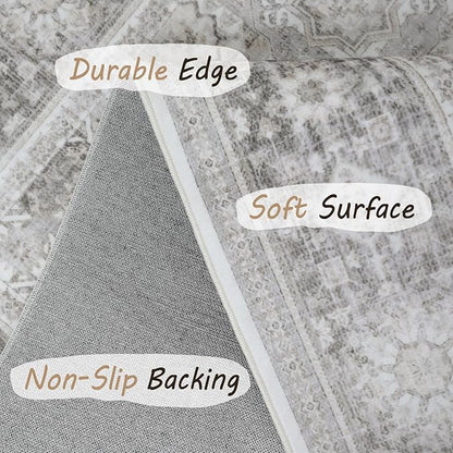 8x10 Rug - Cream & Grey Area Rug - Foldable Non Slip Vintage Rugs for Living Room - Modern Area Rugs 8x10 - Boho Living Room Rugs for Bedroom Dining Room, Distressed Pattern Carpet