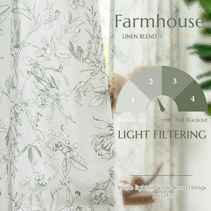 jinchan Floral Curtains 84 Inches Long Sage Green Flower Linen Farmhouse Curtain for Living Room French Country Vintage Curtain Rod Pocket Curtains Set 2 Panels Floral Printed