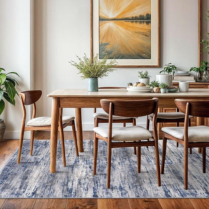 KOZYFLY Washable Area Rug 5x7 Modern Ombre Living Room Thin Area Rug Non-Slip Soft Striped Rug for Bedroom, Print Grey-Blue Abstract Carpet for Laundry Kid Room