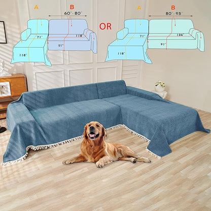 HANDONTIME Couch Slipcover Dog Sofa Covers Boho Couch Cover for Dogs Blue Sofa Throw Cover Bohemian Sofa Covers for 3 Cushion Couch Herringbone Sectional Couch Cover Slipcovers for Sofas, 91" X134"