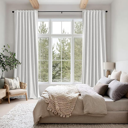 MIULEE 100% Blackout Linen Curtains for Bedroom, Heathered White Solid Luxury Decor Thermal Insulation Room Darkening Drapes for Living Room Nursery Back Tab Rod Pocket 42 x 63 Inches, 2 Panels