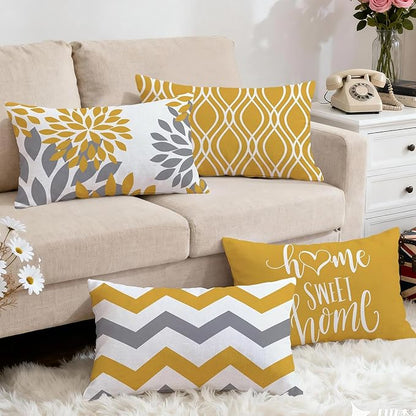 Hexagram Geometric Yellow Pillow Covers 12x20 Set of 4, Decorative Outdoor Boho Modern Throw Pillow Covers, Home Sweet Home Farmhouse Cushion Case for Couch Sofa Bedroom Indoor Decor(No Insert)