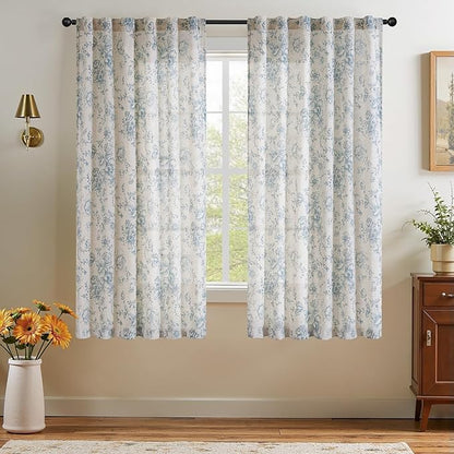jinchan Linen Blend Curtain Floral Curtains for Living Room 45 Inch Length Blue Printed Curtain Rod Pocket Back Tab Farmhouse Peony Flower Patterned Drapes Bedroom Window Curtains Set 2 Panels