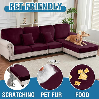 Couch Cover Stretch Velvet Sofa Cushion Cover 3-Piece - Elastic Washable Slipcover for Seat or Backrest, Couch Seat Covers for Sofas (Wine)