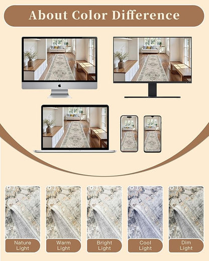 Madane Hallway Runner Rug 2x12, Long Washable Runner Rugs 12ft with Rubber Backing, Non Slip Carpet Runner, Vintage Rug Runners for Kitchen Laundry Room Entryway (Light Taupe Brown, 2'x12')