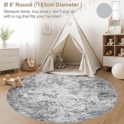 UERMEI 6ft Round Area Rug Living Room Rugs - 6x6 Washable Neutral Modern Abstract Soft Thin Rug Indoor Floor No Slip Rug Carpet for Bedroom Under Dining Table Home Office Decor - Grey