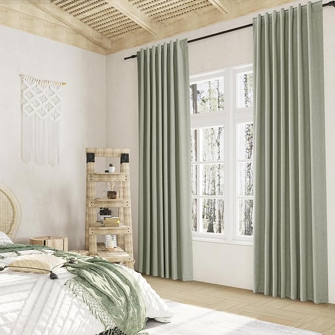 Sage Green 100% Blackout Linen Curtains 108 Inch Length 2 Panels Set for Living Room Bedroom Back Tab Rod Pocket Thermal Insulated Black Out Drapes Room Darkening Window Curtains 52x108