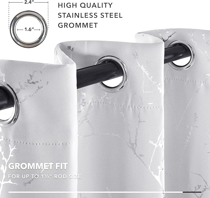 Deconovo Greyish White Curtains, Room Darkening Curtain, Thermal Insulated Soundproof Drapes, Silver Branch Print, 52 x 72 Inch Long, Grommet Window Panels for Living Room Bedroom Nursery, Set of 2