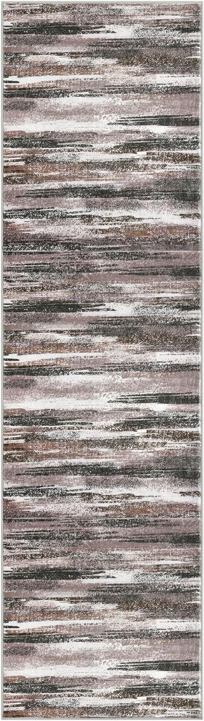 Lansny Modern Abstract Bedroom Runner Rug 2x7, Dark Light Brown White Washable Kitchen Runner, Non-Slip Soft Thin Faux Wool Mat for Entryway, Hallway, Laundry Room, Indoor Home Decor