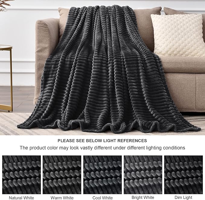 BEDELITE Fleece Throw Blanket for Couch – 3D Ribbed Jacquard Soft and Warm Decorative Fuzzy Blanket – Cozy, Fluffy, Plush Lightweight Black Throw Blankets for Bed, Sofa, 84x90 inches