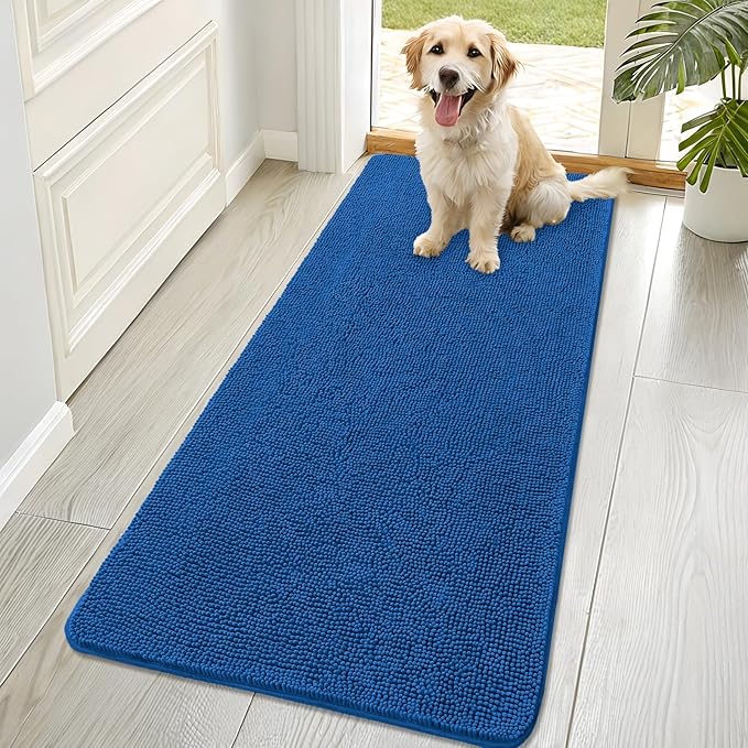 OLANLY Dog Door Mat for Muddy Paws 70x32, Absorbs Moisture and Dirt, Absorbent Non-Slip Washable Doormat, Quick Dry Chenille Mud Mat, Entry Indoor Entryway Carpet for Inside Floor, Deep Navy Blue