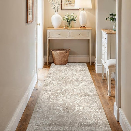 3x6 Washable Hallway Runner Rug - Non Slip Kitchen Runner Rugs with Rubber Backing Vintage Low-Pile Carpet Runners for Entryway Dining Room Laundry Room Home Decor (Beige)