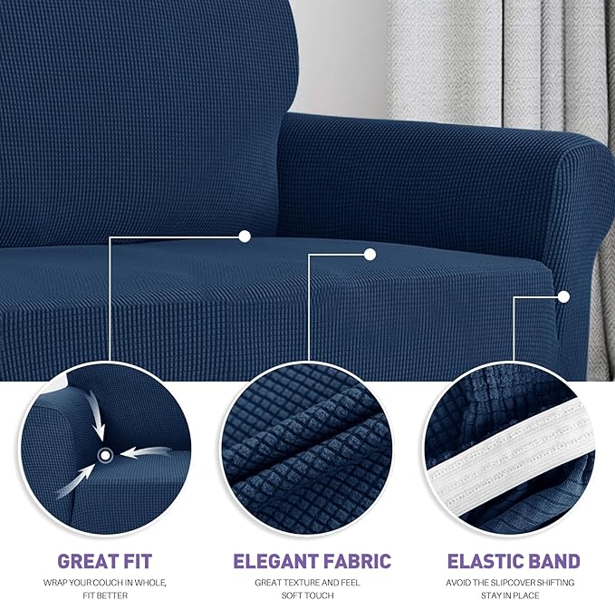 ZNSAYOTX Super Stretch Couch Cover Love Seat Sofa Covers for Living Room Dogs Pet Friendly Furniture Protector Spandex Loveseat Slipcovers with Anti Slip Foam Sticks (Navy Blue, Loveseat)