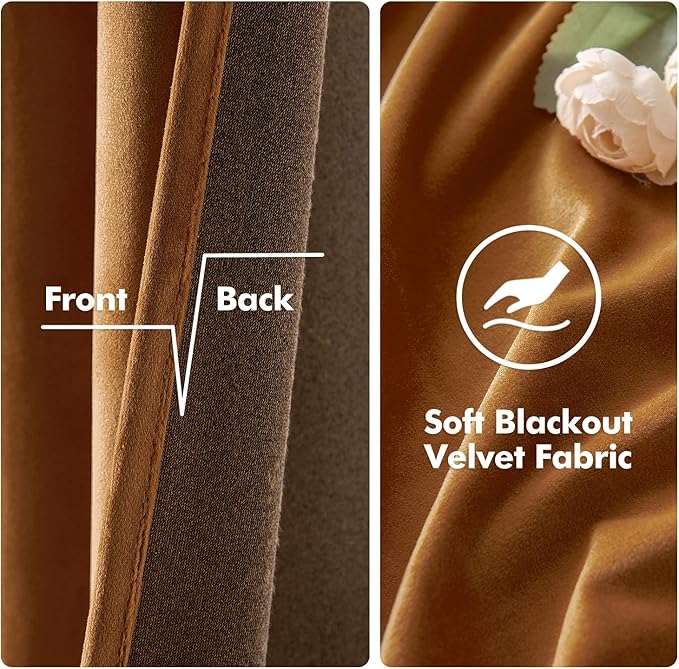 MIULEE Velvet Curtains Gold Brown Elegant Grommet Curtains Thermal Insulated Soundproof Room Darkening Black Out Drapes for Fall Living Room Bedroom Decor 52 x 108 Inch Set of 2, Pumpkin Brown