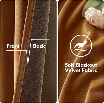 MIULEE Velvet Curtains Gold Brown Elegant Grommet Curtains Thermal Insulated Soundproof Room Darkening Black Out Drapes for Fall Living Room Bedroom Decor 52 x 108 Inch Set of 2, Pumpkin Brown