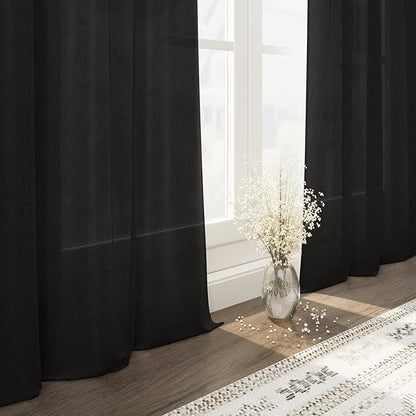 Vintage Black Linen Curtains for Living Room 72 Inches Long Light Filtering Semi Sheer Curtain Back Tab and Rod Pocket Privacy Luxury Gothic Vintage Decor Drapes for Bedroom Office 52x72, 2 Panels
