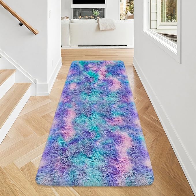 Super Soft Fluffy Living Room Area Rug 2x5 ft Purple Rainbow Tie-Dyed Shaggy Furry Carpet Washable Non-Slip Carpets Bedroom Bedside Nursery Rug Cute Colorful Room Decor for Girls