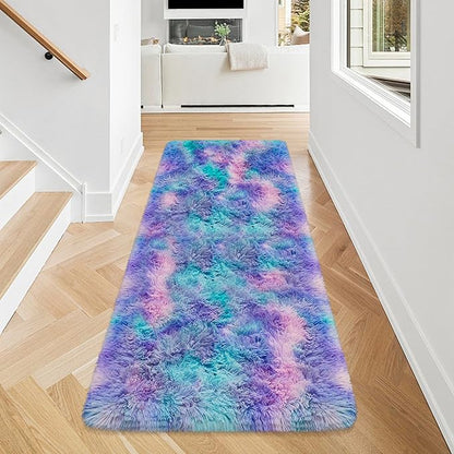 Super Soft Fluffy Living Room Area Rug 2x5 ft Purple Rainbow Tie-Dyed Shaggy Furry Carpet Washable Non-Slip Carpets Bedroom Bedside Nursery Rug Cute Colorful Room Decor for Girls