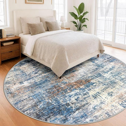 IOHOUZE Abstract Round Area Rug 8 Ft Washable Circle Rugs Large Round Rug Non Slip Thin Soft Circle Rugs, Printed Faux Wool Floor Carpet for Bedroom Living Room Dining Room Nursery, Blue Rust