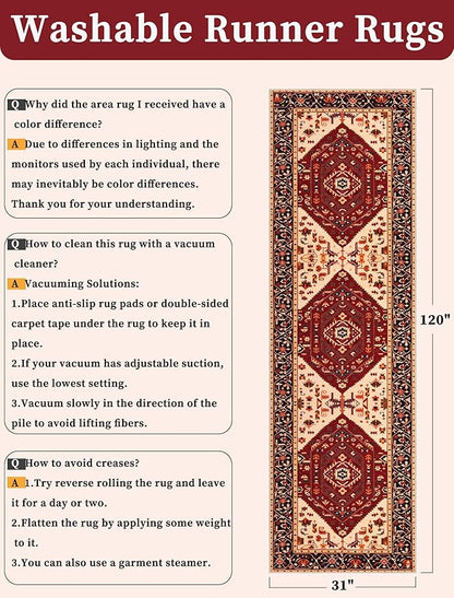 SERISSA Runner Rug for Hallways, 2'6"x10' Washable Non Slip Kitchen Runner Rug, Long Boho Rug Vintage Red Black Hallway Stair Ultra Soft Print Floor Carpet for Bedroom Bathroom Laundry Room