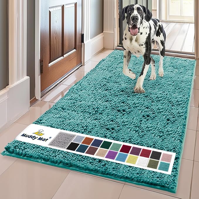 Muddy Mat® | Super Absorbent Door Mat Indoor, Microfiber Quick Dry Chenille Entryway Rug, Non-Slip Front Door Mat, Indoor Mats for Entryway, Machine Washable Pet Rug, Teal 24" x 96"