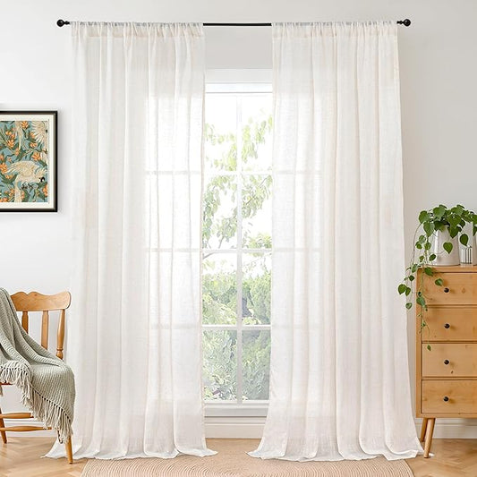BGment Linen Semi Sheer Curtains 80 Inch Length for Living Room - Light Filtering Window Drapes Cream Rustic Lightweight for Bedroom Country, 2 Panels Set, 52 X 80 Inch