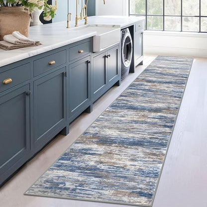 KOZYFLY Modern Abstract Runners for Hallways 2x12 Washable Rug Runner Non-Slip Soft Striped Kitchen Runner Rug, Blue Rust Print Carpet Runner for Entryway Bathroom Laundry Room Foyer