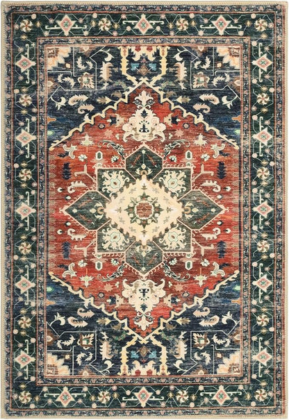 Yamaziot Washable Area Rug, 2x3 Small Entryway Rug Non-Slip Boho Vintage Rug with Rubber Backing, Low Pile Faux Wool Soft Distressed Floor Carpet for Indoor Door Mat, Kitchen, Laundry Bathroom