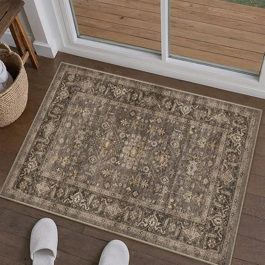 2x3 Washable Area Rug for Entryway Kitchen Vintage Brown Non Slip Low Pile Door Mat Traditional Retro Soft Small Carpet for Bathroom Bedroom Indoor Entrance Dorm