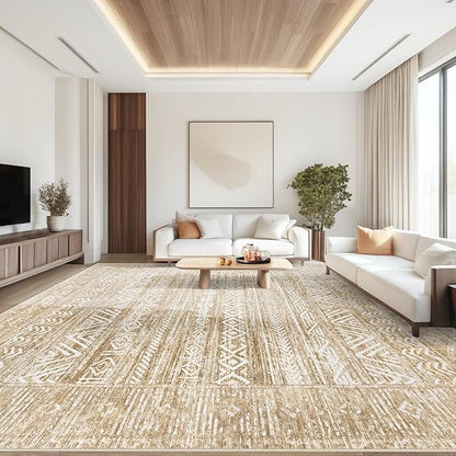 Living Room Rugs 9x12: Washable Moroccan Geometric Boho Rug Farmhouse Non Slip Stain Resistant Large Rug Low Pile Soft Carpet for Bedroom Dining Room Kids Room (Light Brown,9'x12')