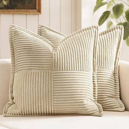 MIULEE Cream Corduroy Decorative Euro Sham Pillow Covers 24x24 Inch with Splicing Set of 2 Soft Boho Pillow Covers Broadside Textured Pillowcases for Couch Bed Livingroom