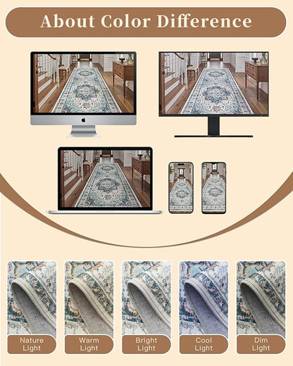 Madane Hallway Runner Rug 2'6''x12' Kitchen Runner, Non Slip Vintage Runners for Hallways Washable Kitchen Rugs Soft Low Pile 2.5x12 ft Rug Runner for Laundry Room, Entryway and Bedroom, Blue