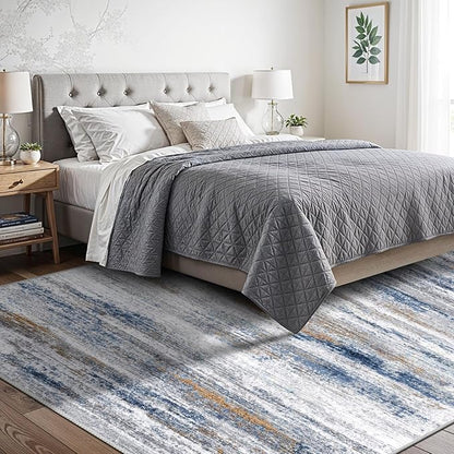 6x9 Area Rug for Living Room: Non-Slip Washable Rugs for Dining Room Bedroom Study Home Office - Easy-to-Clean Stain and Water Resistant Carpet - Soft Low-Pile Mat Navy Grey