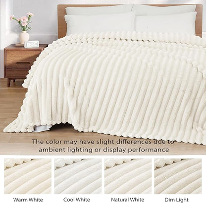 Exclusivo Mezcla Queen Size Flannel Fleece Blanket, Super Soft Striped Jacquard Bed Blanket, Lightweight Fuzzy Cozy for All Seasons, 90x90 Inches, Ivory