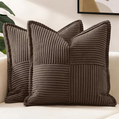 MIULEE Decorative Throw Pillow Covers for Couch Bed Livingroom 18x18 Inch Set of 2 Dark Brown Boho Accent Throw Pllows Broadside Striped Patchwork Soft Corduroy Pillowcases